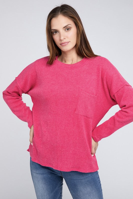 Zenana Ribbed Brushed Melange Hacci Sweater with a Pocket-ZENANA-[option4]-[option5]-[option6]-[option7]-[option8]-Shop-Boutique-Clothing-for-Women-Online