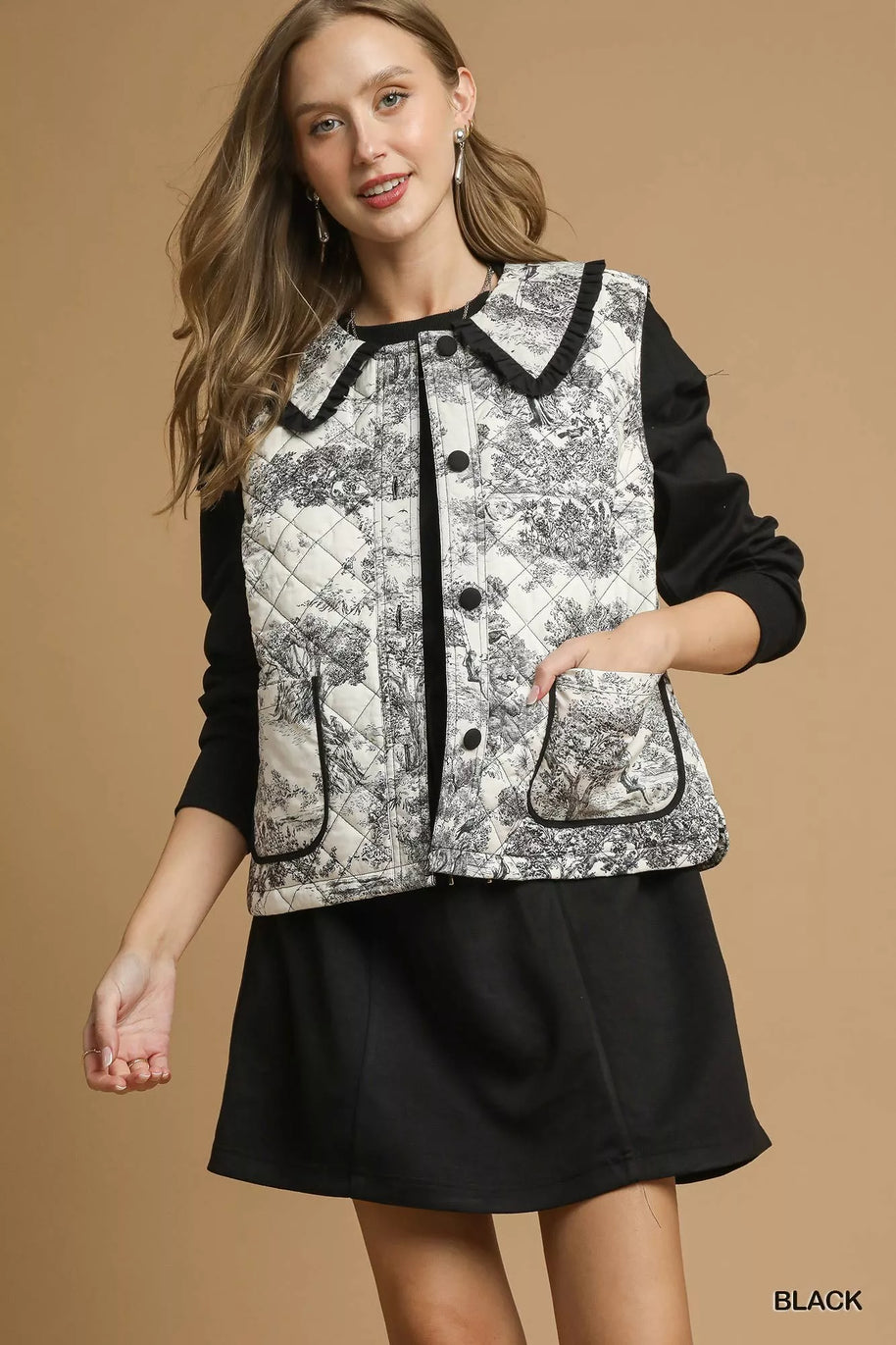 Umgee Toile Quilted Vest with Ruffle Collar-Vest-Trendsi-[option4]-[option5]-[option6]-[option7]-[option8]-Shop-Boutique-Clothing-for-Women-Online