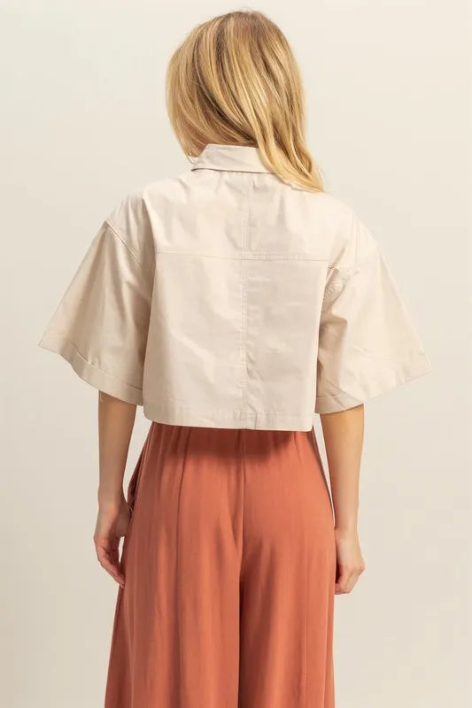 HYFVE Front Pockets Poplin Collared Neck Crop Shirt-Crop Tops-Trendsi-[option4]-[option5]-[option6]-[option7]-[option8]-Shop-Boutique-Clothing-for-Women-Online