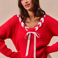 SO ME Satin Tape Braided Ribbon Tie V Neck Sweater-Sweaters-Trendsi-[option4]-[option5]-[option6]-[option7]-[option8]-Shop-Boutique-Clothing-for-Women-Online