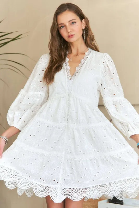 ADORA Lace Detail Tiered Eyelet V-Neck Babydoll Dress-Dresses-Trendsi-[option4]-[option5]-[option6]-[option7]-[option8]-Shop-Boutique-Clothing-for-Women-Online