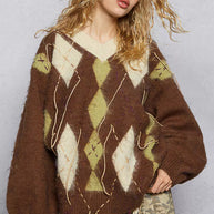 POL V-Neck Argyle Pattern Mohair Sweater with Contrast Exposed Stitch Detail-sweater-Trendsi-[option4]-[option5]-[option6]-[option7]-[option8]-Shop-Boutique-Clothing-for-Women-Online