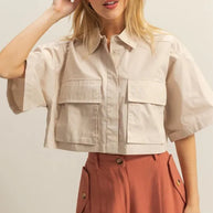 HYFVE Front Pockets Poplin Collared Neck Crop Shirt-Crop Tops-Trendsi-Sand-S-[option4]-[option5]-[option6]-[option7]-[option8]-Shop-Boutique-Clothing-for-Women-Online