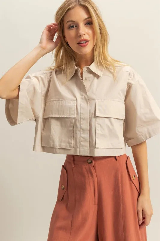 HYFVE Front Pockets Poplin Collared Neck Crop Shirt-Crop Tops-Trendsi-[option4]-[option5]-[option6]-[option7]-[option8]-Shop-Boutique-Clothing-for-Women-Online