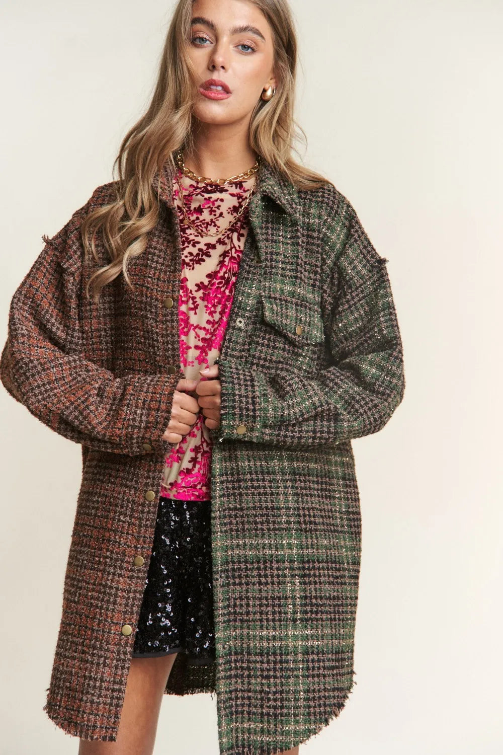 J.NNA Snap Down Tweed Plaid Contrast Longline Shacket-Womens Outerwear/Shacket-Trendsi-[option4]-[option5]-[option6]-[option7]-[option8]-Shop-Boutique-Clothing-for-Women-Online