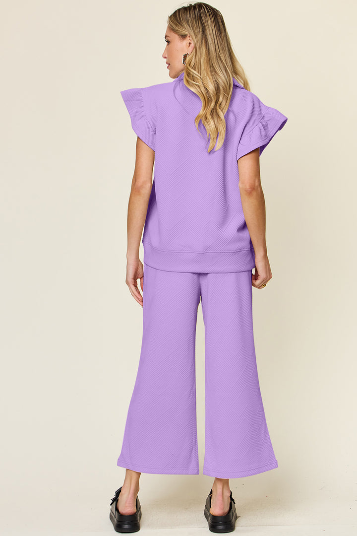 Double Take Texture Ruffle Short Sleeve Top and Drawstring Wide Leg Pants Set-Trendsi-[option4]-[option5]-[option6]-[option7]-[option8]-Shop-Boutique-Clothing-for-Women-Online