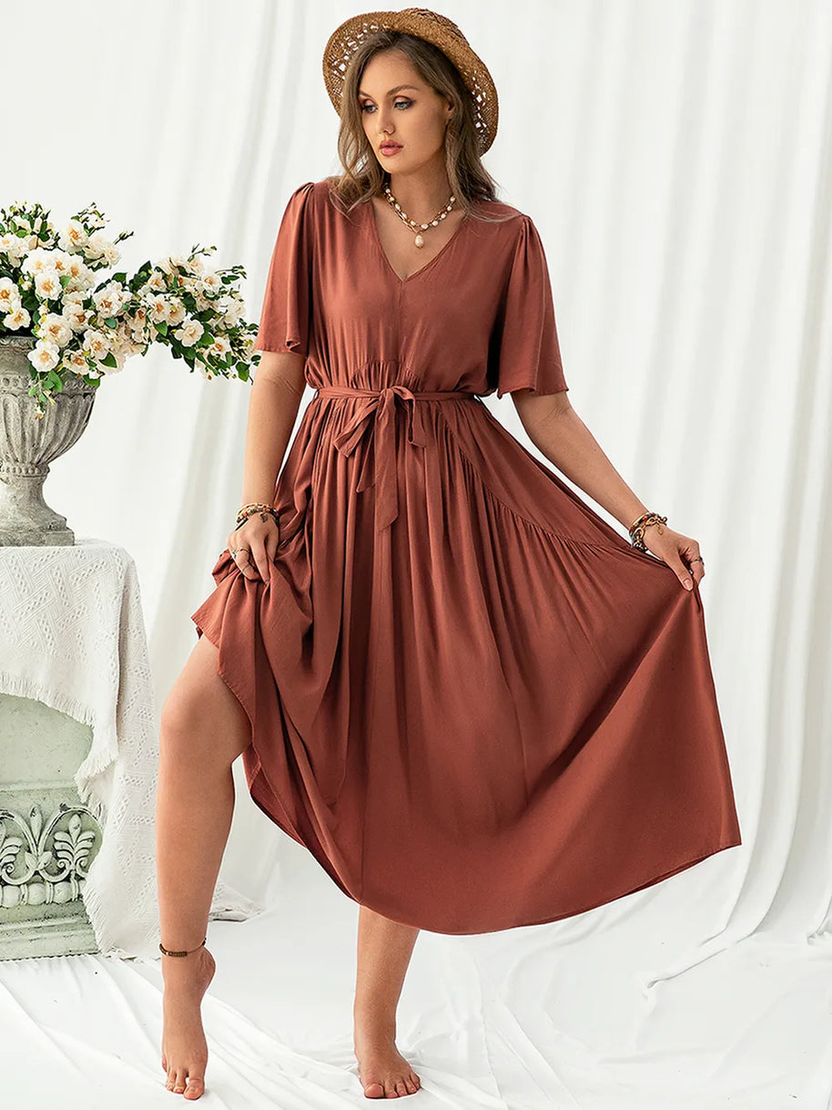 Plus Size V-Neck Flutter Sleeve Dress-Dresses-Trendsi-[option4]-[option5]-[option6]-[option7]-[option8]-Shop-Boutique-Clothing-for-Women-Online