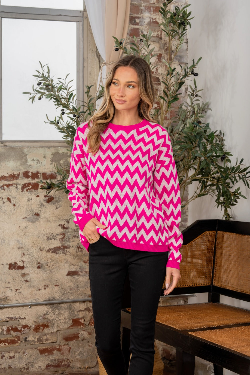 Sew In Love Wave Stripe Contrast Long Sleeve Sweater-Trendsi-Fuchsia/ Ivory-S-[option4]-[option5]-[option6]-[option7]-[option8]-Shop-Boutique-Clothing-for-Women-Online