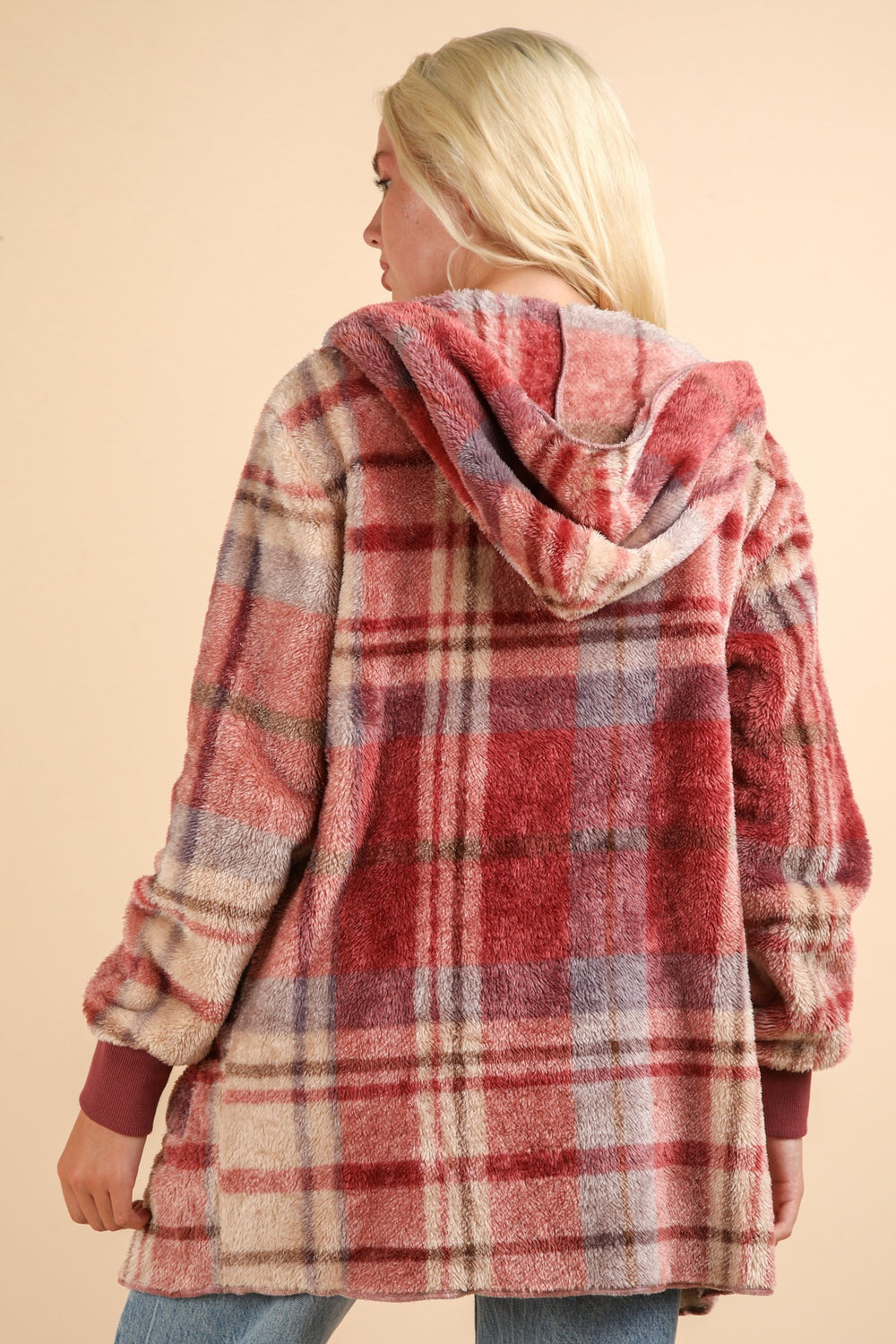 VERY J Fuzzy Plaid Long Sleeve Hooded Jacket-Trendsi-[option4]-[option5]-[option6]-[option7]-[option8]-Shop-Boutique-Clothing-for-Women-Online