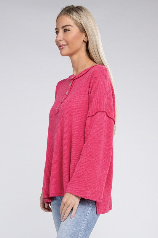 Zenana Ribbed Brushed Melange Hacci Henley Sweater-ZENANA-[option4]-[option5]-[option6]-[option7]-[option8]-Shop-Boutique-Clothing-for-Women-Online