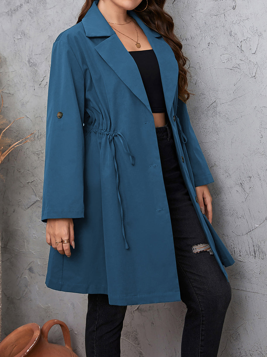 Honey Plus Size Lapel Collar Drawstring Roll-Tab Sleeve Trench Coat-Coats & Jackets-Trendsi-[option4]-[option5]-[option6]-[option7]-[option8]-Shop-Boutique-Clothing-for-Women-Online