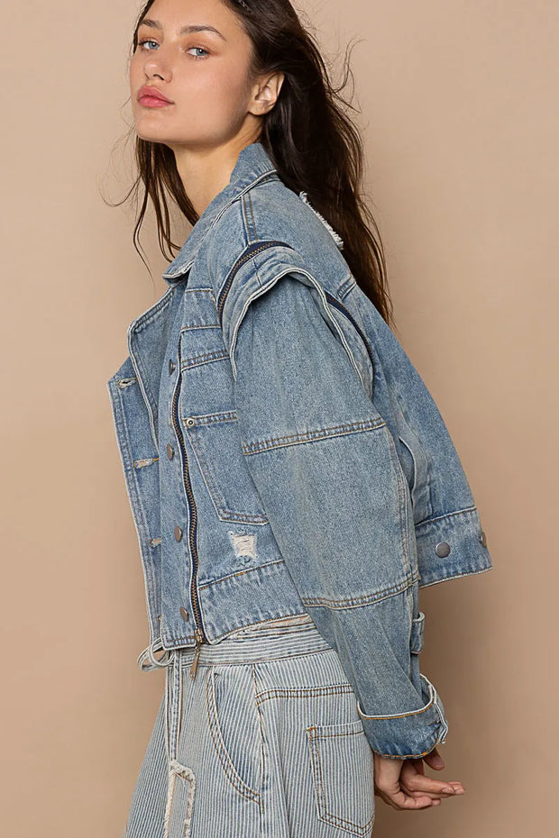 POL Cropped Denim Jacket with Functional Zipper Detail-jacket-Trendsi-[option4]-[option5]-[option6]-[option7]-[option8]-Shop-Boutique-Clothing-for-Women-Online