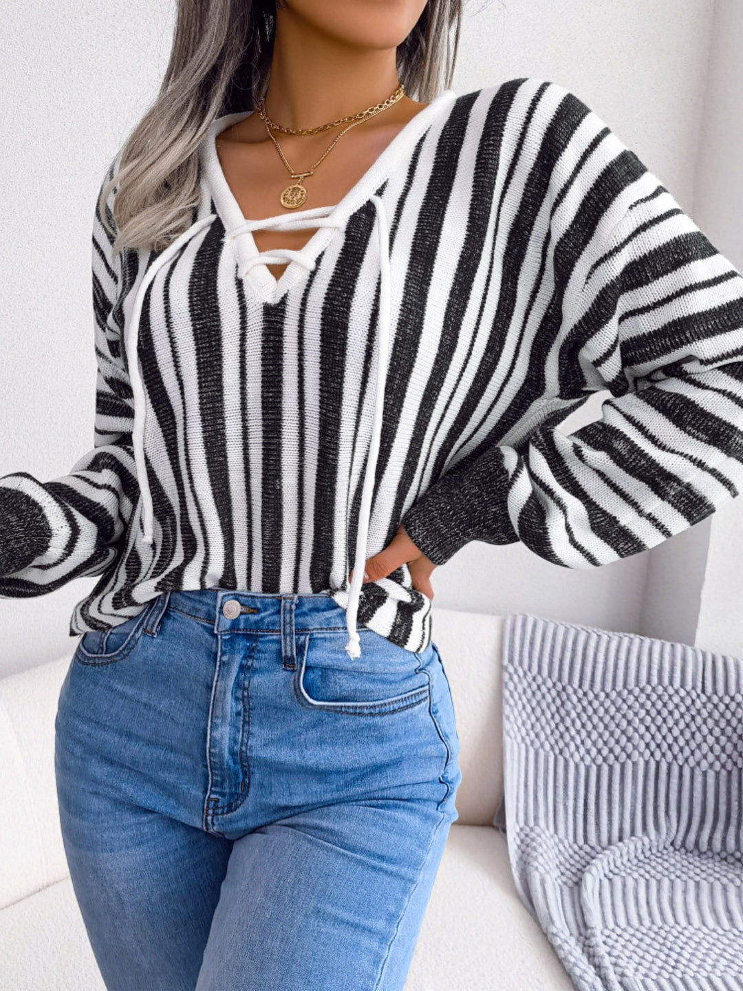 Striped Lace-Up Long Sleeve Sweater-Trendsi-Black-S-[option4]-[option5]-[option6]-[option7]-[option8]-Shop-Boutique-Clothing-for-Women-Online