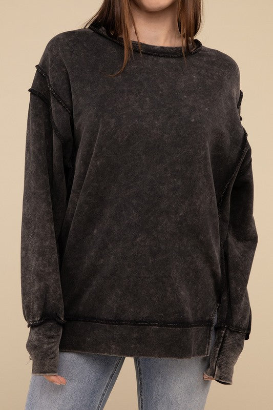 Zenana Acid Wash French Terry Exposed-Seam Sweatshirt-ZENANA-ASH BLACK-S/M-[option4]-[option5]-[option6]-[option7]-[option8]-Shop-Boutique-Clothing-for-Women-Online