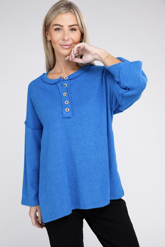 Zenana Ribbed Brushed Melange Hacci Henley Sweater-ZENANA-[option4]-[option5]-[option6]-[option7]-[option8]-Shop-Boutique-Clothing-for-Women-Online