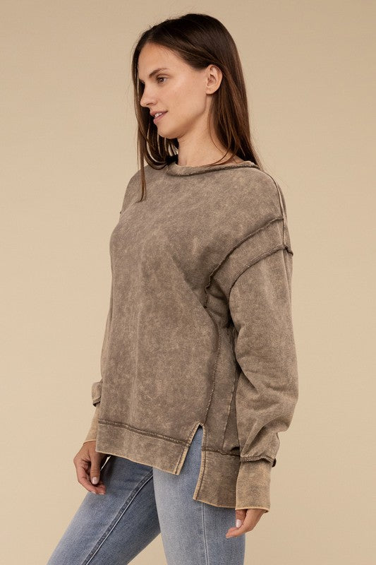 Zenana Acid Wash French Terry Exposed-Seam Sweatshirt-ZENANA-[option4]-[option5]-[option6]-[option7]-[option8]-Shop-Boutique-Clothing-for-Women-Online