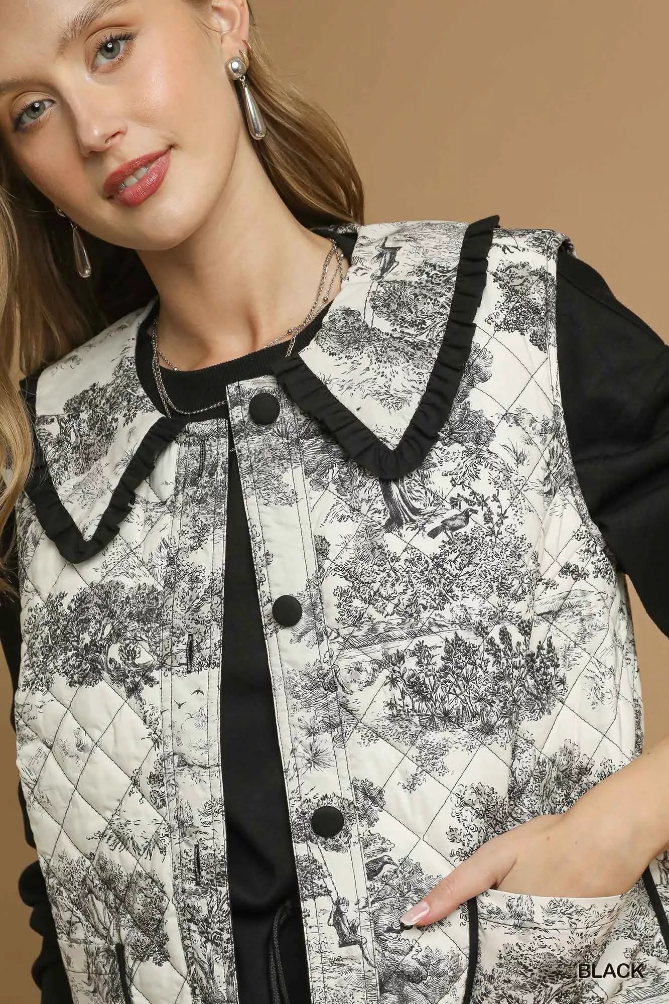 Umgee Toile Quilted Vest with Ruffle Collar-Vest-Trendsi-[option4]-[option5]-[option6]-[option7]-[option8]-Shop-Boutique-Clothing-for-Women-Online