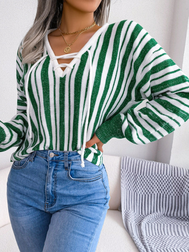 Striped Lace-Up Long Sleeve Sweater-Trendsi-Green-S-[option4]-[option5]-[option6]-[option7]-[option8]-Shop-Boutique-Clothing-for-Women-Online