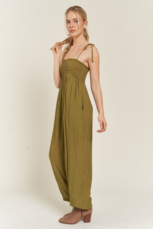 SMOCKED TIE STRAP JUMPSUIT-Jade By Jane-[option4]-[option5]-[option6]-[option7]-[option8]-Shop-Boutique-Clothing-for-Women-Online