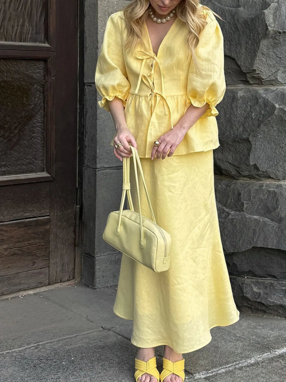 Tie Front Peplum Top and Skirt Set-Sets-Trendsi-[option4]-[option5]-[option6]-[option7]-[option8]-Shop-Boutique-Clothing-for-Women-Online