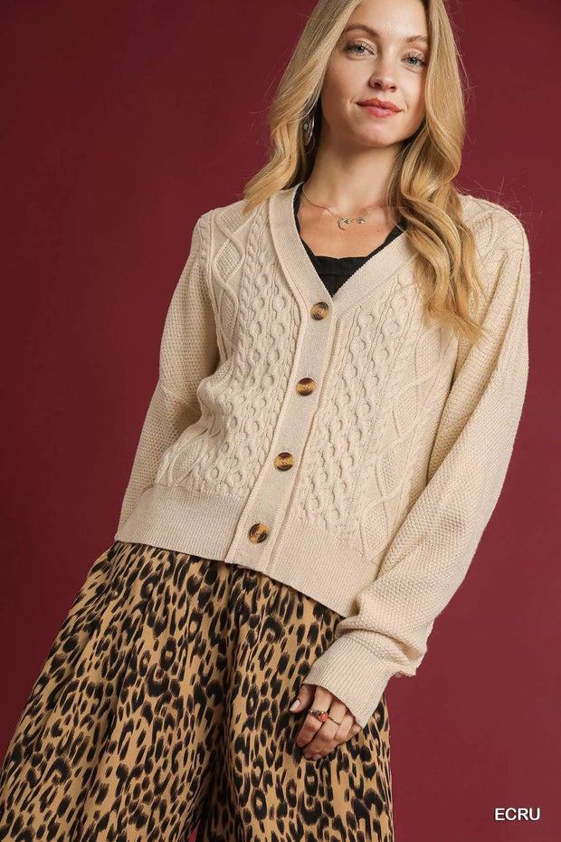 Umgee Chunky Cable Knit V-Neck Button-Up Cardigan-Cardigan-Trendsi-[option4]-[option5]-[option6]-[option7]-[option8]-Shop-Boutique-Clothing-for-Women-Online