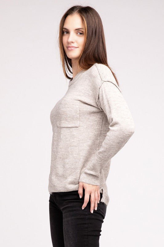 Zenana MELANGE HI-LOW HEM ROUND NECK SWEATER-ZENANA-[option4]-[option5]-[option6]-[option7]-[option8]-Shop-Boutique-Clothing-for-Women-Online