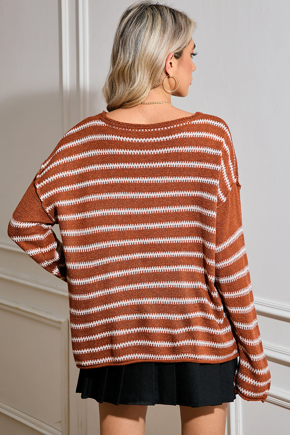 Casual Stripe Round Neck Drop Shoulder Sweater-Sweaters-Shewin-[option4]-[option5]-[option6]-[option7]-[option8]-Shop-Boutique-Clothing-for-Women-Online