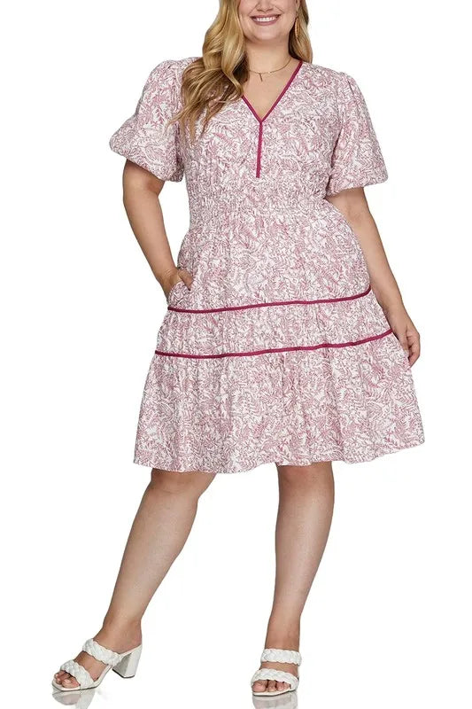 She + Sky Full Size Printed V-Neck Puff Sleeve Tiered Dress-Dresses-Trendsi-[option4]-[option5]-[option6]-[option7]-[option8]-Shop-Boutique-Clothing-for-Women-Online