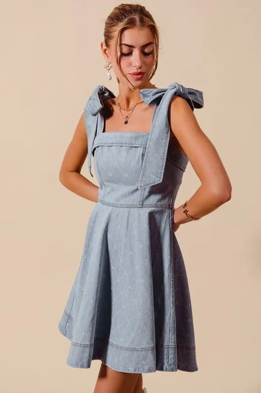 SO ME A Line Fit and Flare Diamond Bow Ribbon Denim Dres-Dresses-Trendsi-[option4]-[option5]-[option6]-[option7]-[option8]-Shop-Boutique-Clothing-for-Women-Online