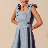 SO ME A Line Fit and Flare Diamond Bow Ribbon Denim Dres-Dresses-Trendsi-[option4]-[option5]-[option6]-[option7]-[option8]-Shop-Boutique-Clothing-for-Women-Online