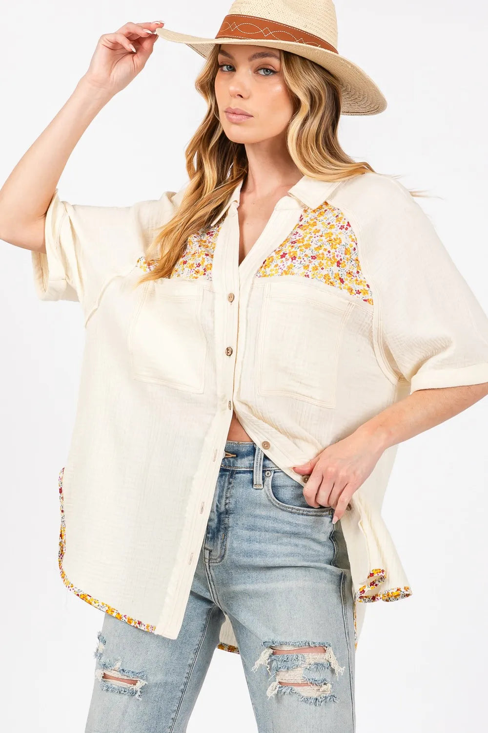 SAGE + FIG Full Size Floral Detail Button Up Short Sleeve Shirt-Tops-Trendsi-[option4]-[option5]-[option6]-[option7]-[option8]-Shop-Boutique-Clothing-for-Women-Online