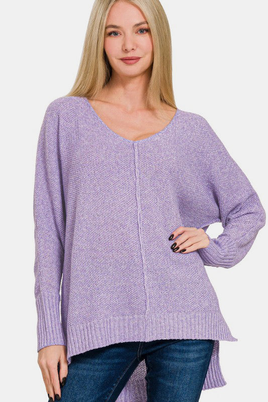 Zenana High-Low Center Seam V-Neck Sweater-Trendsi-Lavender-S-[option4]-[option5]-[option6]-[option7]-[option8]-Shop-Boutique-Clothing-for-Women-Online