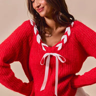 SO ME Satin Tape Braided Ribbon Tie V Neck Sweater-Sweaters-Trendsi-[option4]-[option5]-[option6]-[option7]-[option8]-Shop-Boutique-Clothing-for-Women-Online