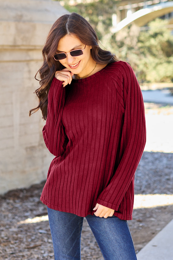 Basic Bae Ribbed Round Neck Long Sleeve Knit Top-Trendsi-Scarlet-S-[option4]-[option5]-[option6]-[option7]-[option8]-Shop-Boutique-Clothing-for-Women-Online