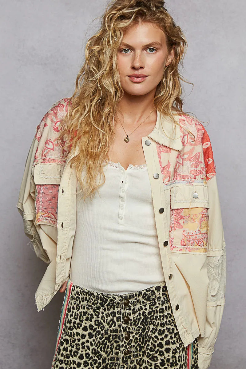 POL Printed Woven Mix Raw Hem Jacket with Lace Detail-Jacket-Trendsi-[option4]-[option5]-[option6]-[option7]-[option8]-Shop-Boutique-Clothing-for-Women-Online