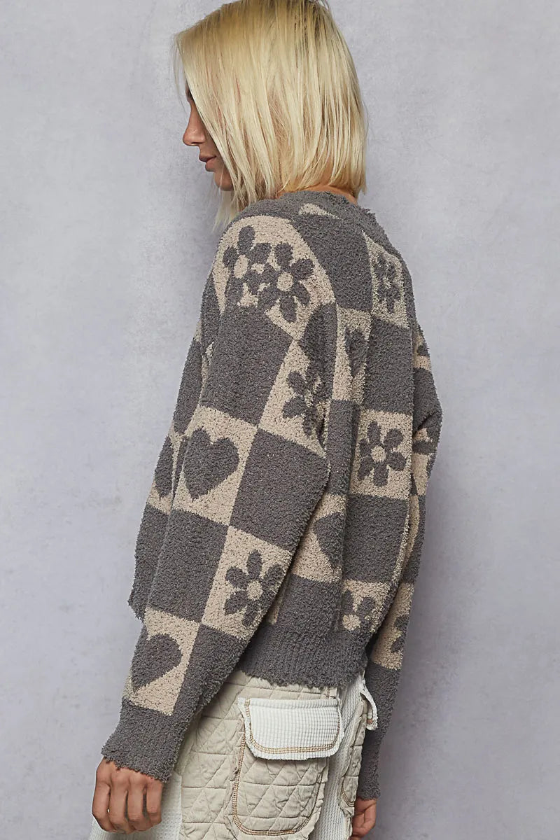 POL V-Neck Heart Pattern Checkered Sweater-Sweaters-Trendsi-[option4]-[option5]-[option6]-[option7]-[option8]-Shop-Boutique-Clothing-for-Women-Online