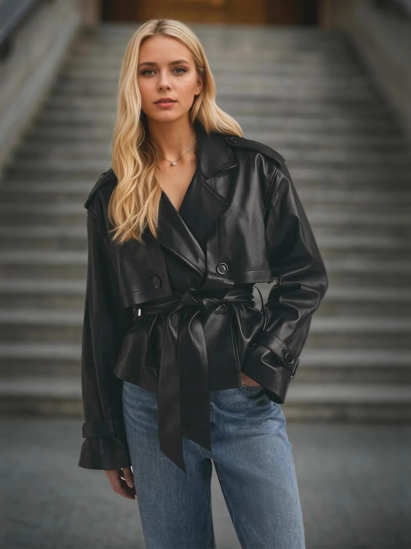 Leather Belted Trench Jacket-Jacket-Trendsi-[option4]-[option5]-[option6]-[option7]-[option8]-Shop-Boutique-Clothing-for-Women-Online