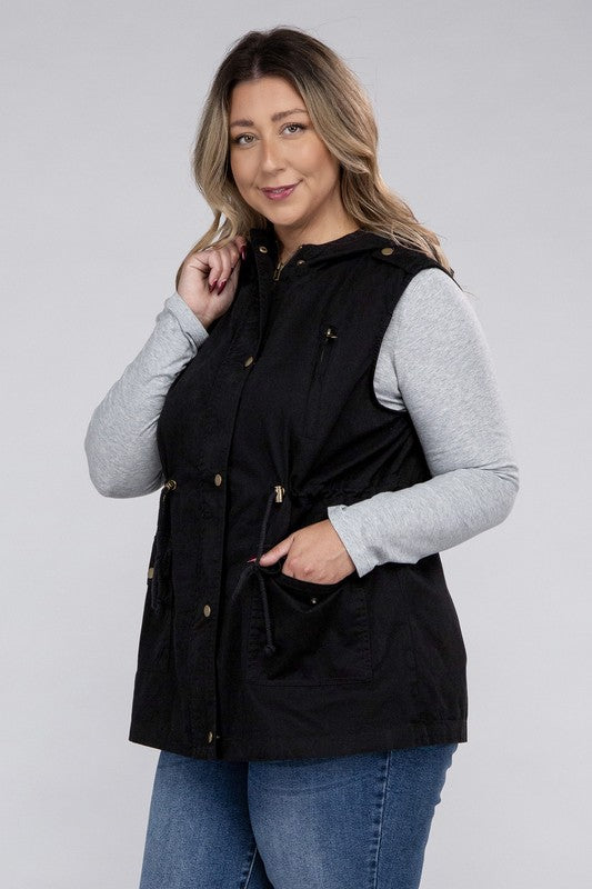 Zenana Plus Drawstring Waist Military Hoodie Vest-ZENANA-[option4]-[option5]-[option6]-[option7]-[option8]-Shop-Boutique-Clothing-for-Women-Online