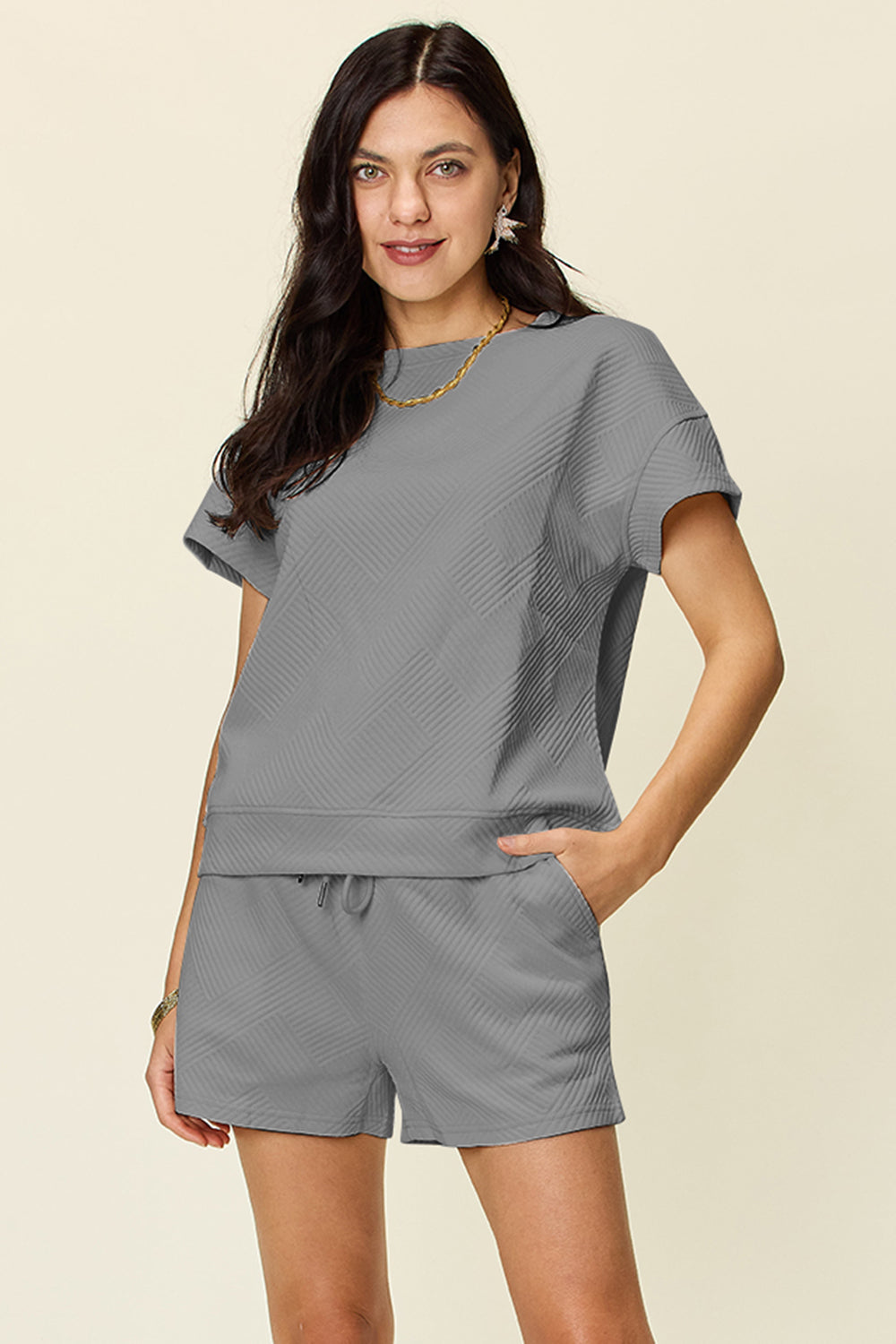 Double Take Texture Short Sleeve T-Shirt and Drawstring Shorts Set-Trendsi-Gray-S-[option4]-[option5]-[option6]-[option7]-[option8]-Shop-Boutique-Clothing-for-Women-Online