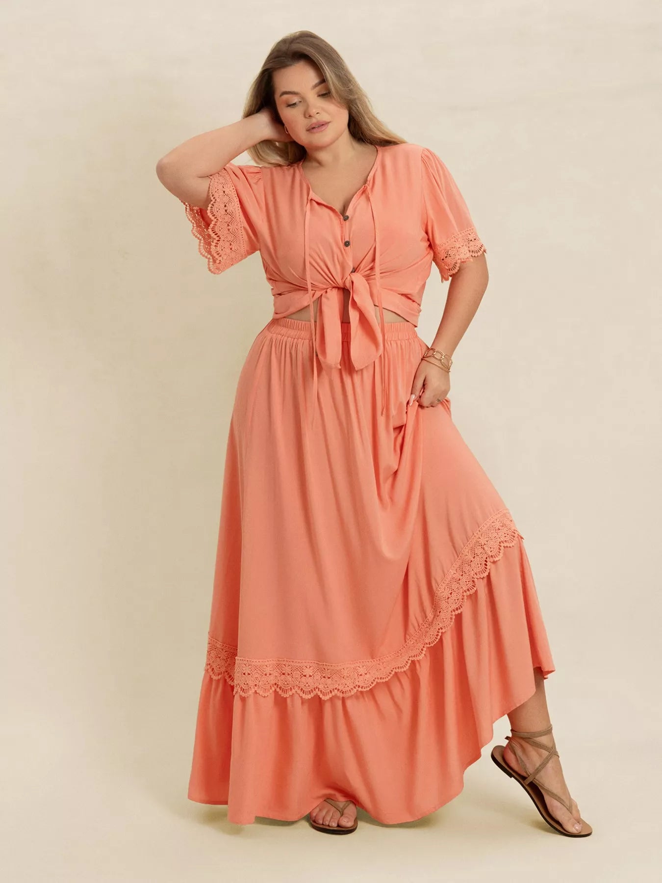 Plus Size Lace Detail Tie Neck Top and Skirt Set-2 piece set-Trendsi-[option4]-[option5]-[option6]-[option7]-[option8]-Shop-Boutique-Clothing-for-Women-Online