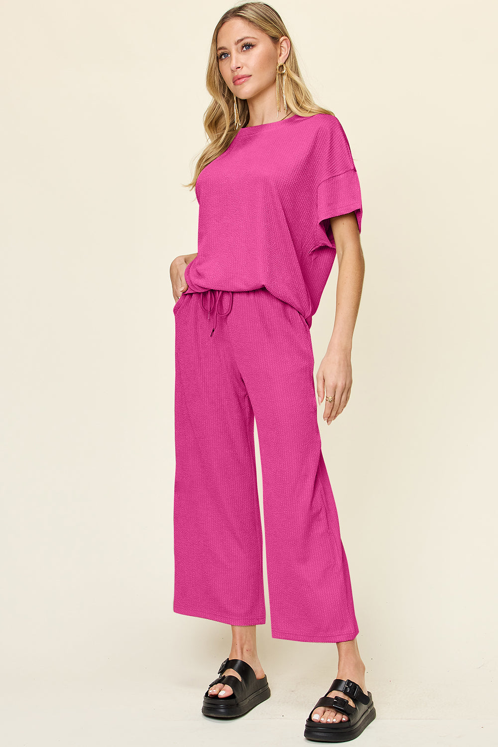 Double Take Full Size Texture Round Neck Short Sleeve T-Shirt and Wide Leg Pants-Trendsi-Hot Pink-S-[option4]-[option5]-[option6]-[option7]-[option8]-Shop-Boutique-Clothing-for-Women-Online