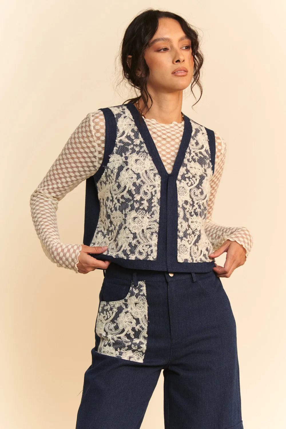 Davi & Dani Lace Patch Open Front Denim Vest-Vest-Trendsi-[option4]-[option5]-[option6]-[option7]-[option8]-Shop-Boutique-Clothing-for-Women-Online