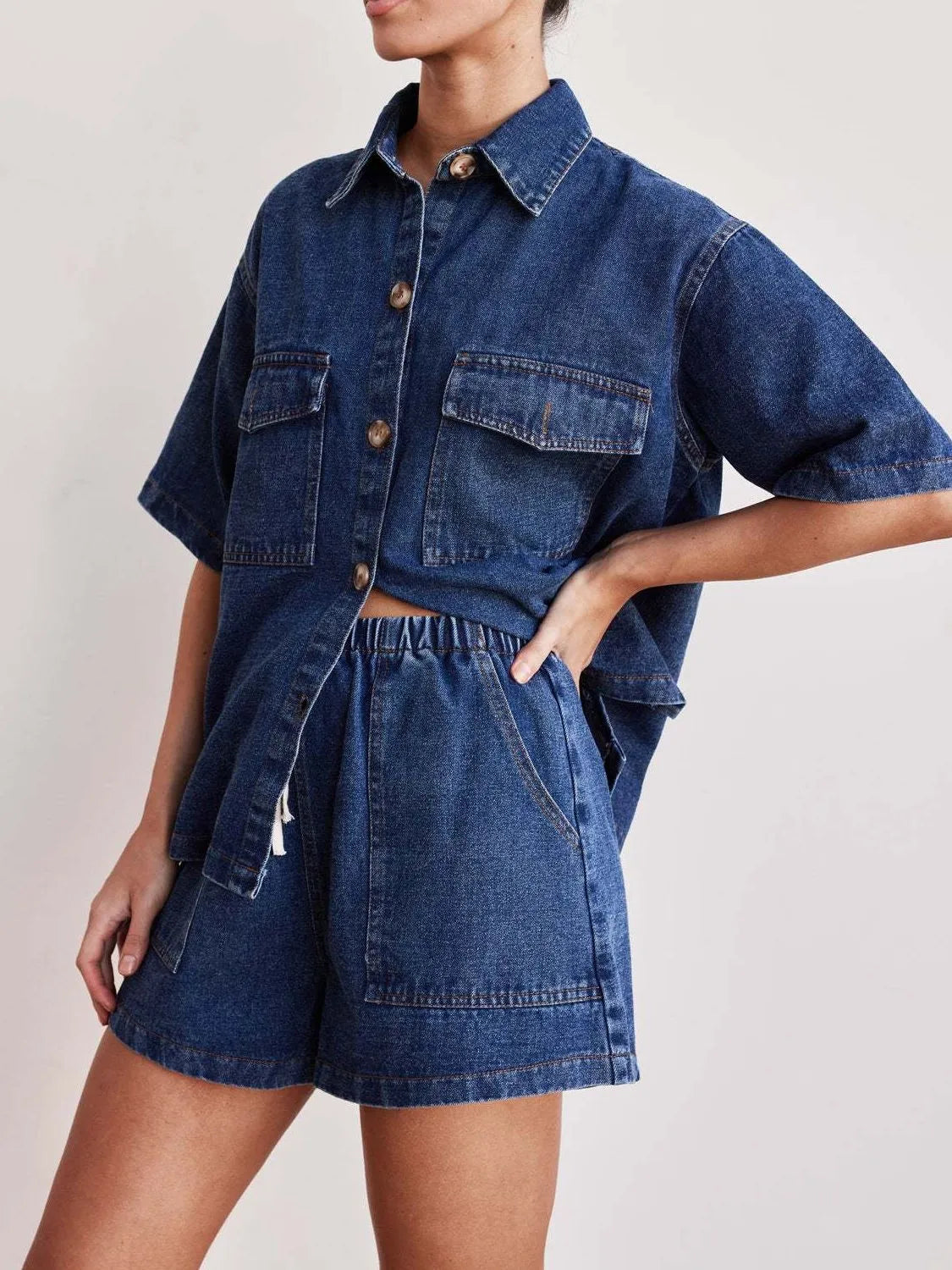 Button Up Short Sleeve Top and Shorts Denim Set-Sets-Trendsi-[option4]-[option5]-[option6]-[option7]-[option8]-Shop-Boutique-Clothing-for-Women-Online