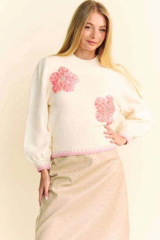 Davi & Dani Flower Patch Fuzzy Mock Neck Sweater-Sweaters-Trendsi-[option4]-[option5]-[option6]-[option7]-[option8]-Shop-Boutique-Clothing-for-Women-Online