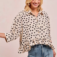 BiBi Polka Dot Printed Peplum Top with Front Button-Blouses-Trendsi-[option4]-[option5]-[option6]-[option7]-[option8]-Shop-Boutique-Clothing-for-Women-Online