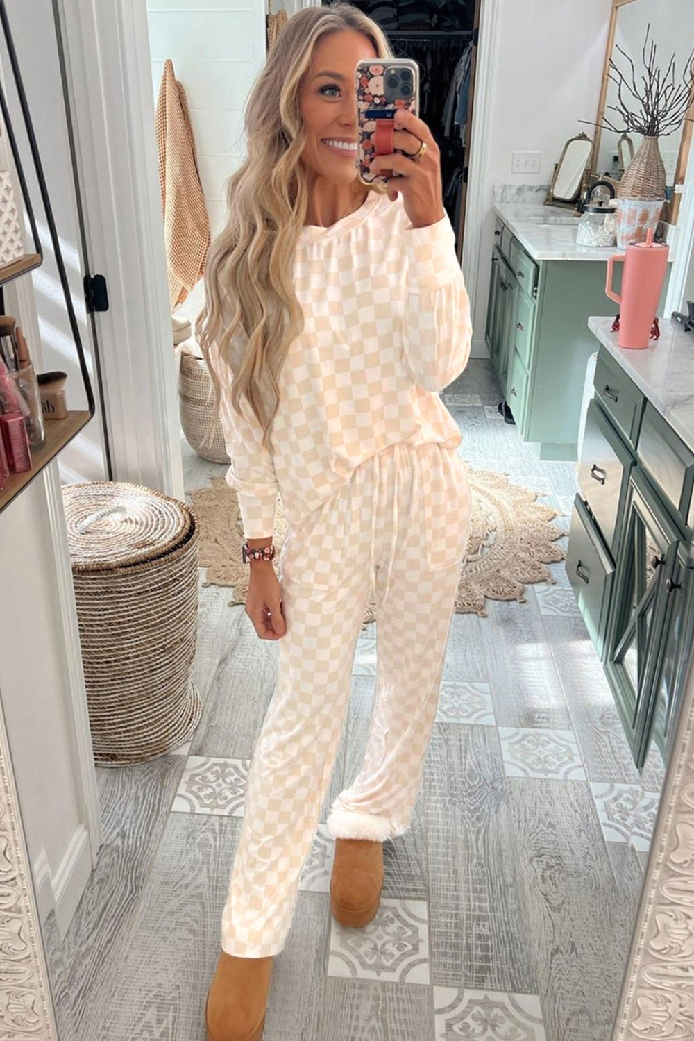 Beige Checkered Print Long Sleeve Loose Fit Pajama Set-Loungewear Set-Shewin-[option4]-[option5]-[option6]-[option7]-[option8]-Shop-Boutique-Clothing-for-Women-Online