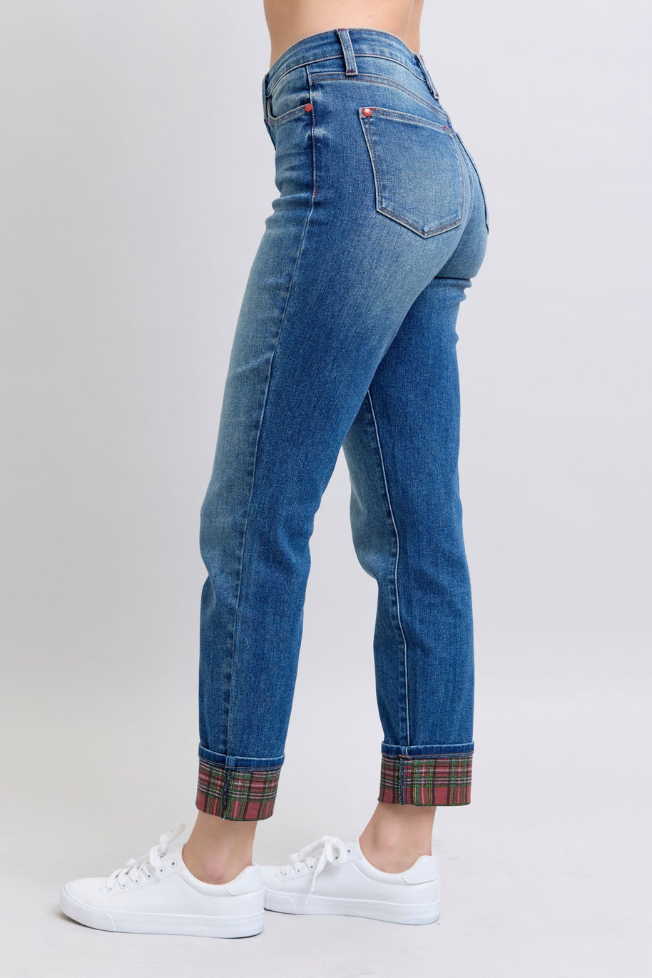 Judy Blue Plaid Print Cuff Boyfriend Fit Jeans-Trendsi-[option4]-[option5]-[option6]-[option7]-[option8]-Shop-Boutique-Clothing-for-Women-Online