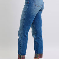 Judy Blue Plaid Print Cuff Boyfriend Fit Jeans-Trendsi-[option4]-[option5]-[option6]-[option7]-[option8]-Shop-Boutique-Clothing-for-Women-Online