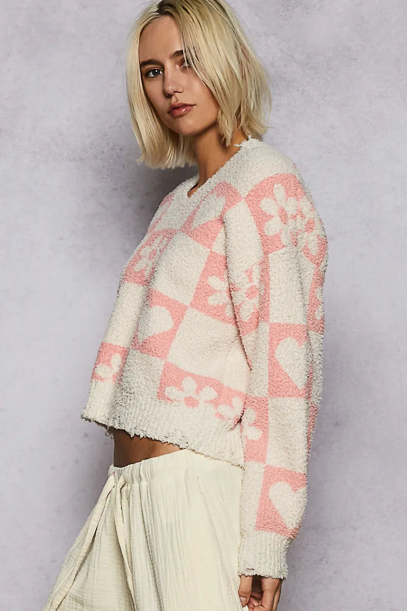 POL V-Neck Heart Pattern Checkered Sweater-Sweaters-Trendsi-[option4]-[option5]-[option6]-[option7]-[option8]-Shop-Boutique-Clothing-for-Women-Online