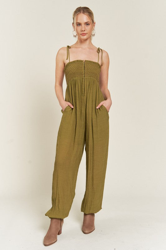 SMOCKED TIE STRAP JUMPSUIT-Jade By Jane-[option4]-[option5]-[option6]-[option7]-[option8]-Shop-Boutique-Clothing-for-Women-Online
